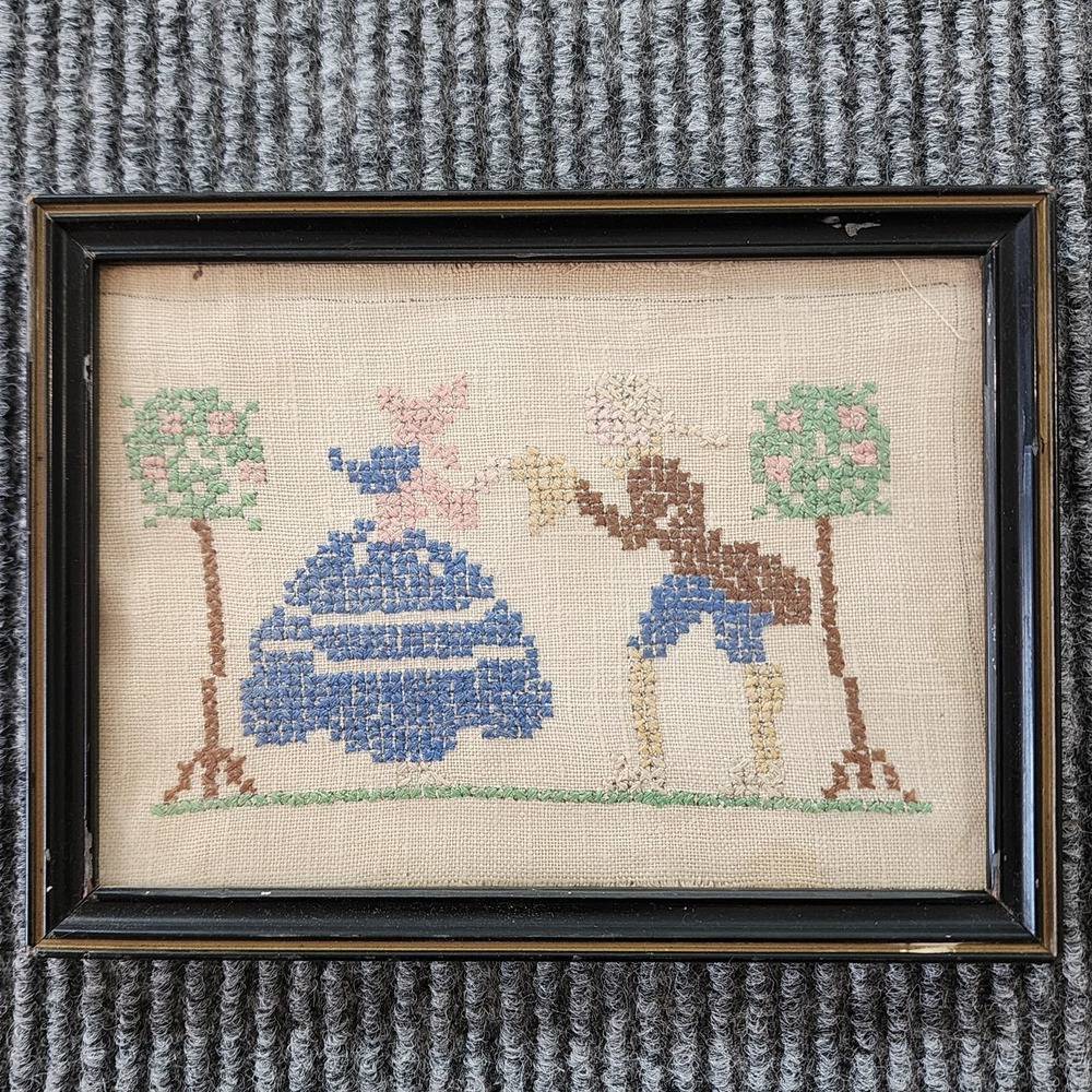 Vintage Cross Stitch Sampler Folk Art Boy Girl Heart Framed Primitive Decor